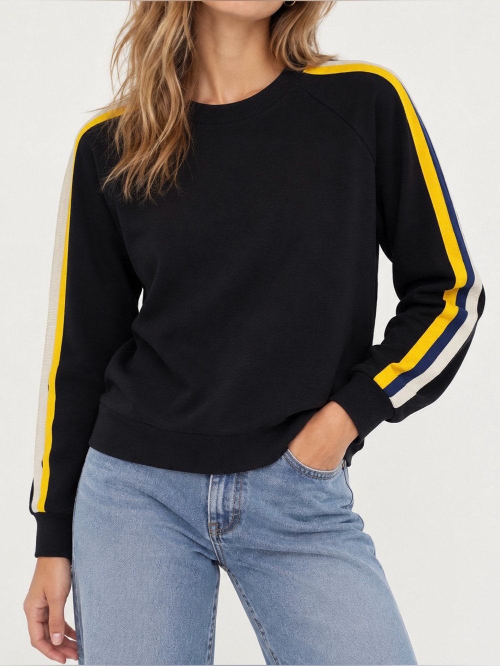 Sandro Paris Black Triple Striped Sleeve Crewneck Sweatshirt - Size M?